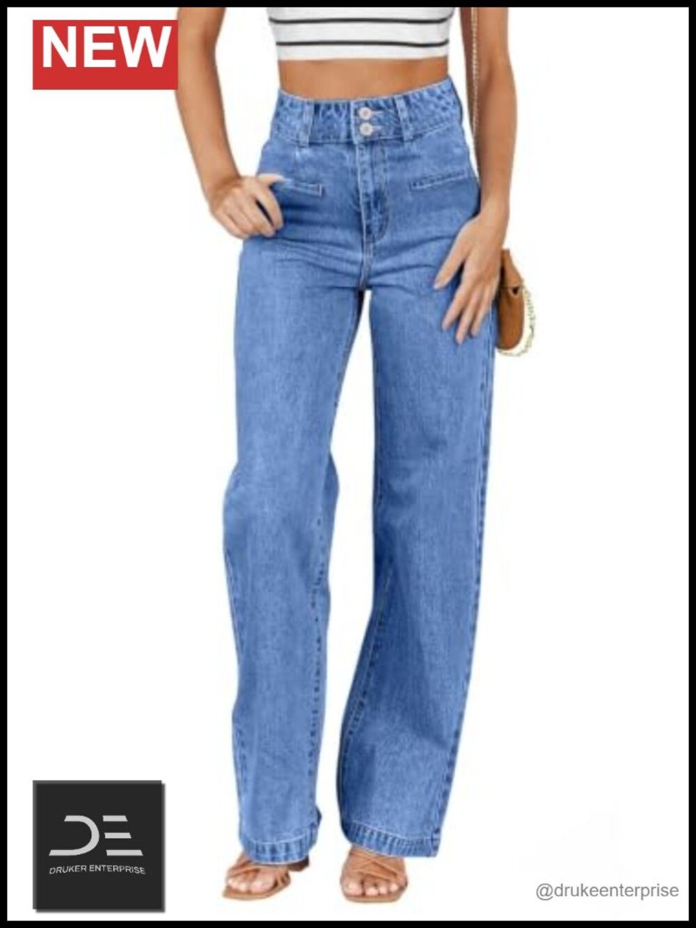 High Waisted Straight Leg Jeans for Women Stretchy Denim Dual Button Closure